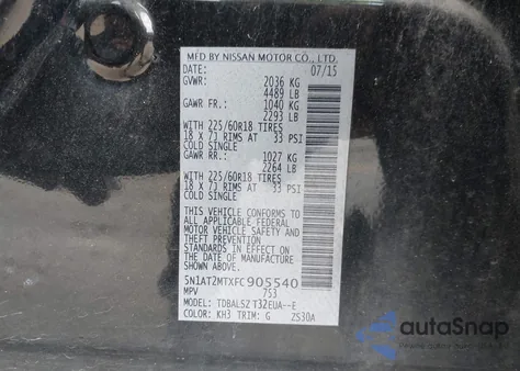 2015 Nissan Rogue Sl z USA, uszkodzony, nr VIN 5N1AT2MTXFC905540